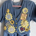 Vtg Denim Dress Embroidery Sunflower Country Revival Lg Vested Tie Back Teacher