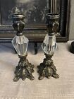 Pair Vintage Hollywood Regency Style Ornate Cast Metal Candlestick Holders