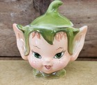 Vintage Lefton Green Pixie Elf Creamer   Sugar Bowl W lid 3970