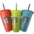 Starbucks 3-pack Reusable Cold Fun Color Changing Cups Lids   Straws- Pre-owned