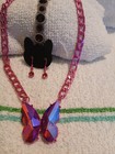 Pink Chain Butterfly Multicolor Crystal Pendant Necklace   Dangle Earrings Set