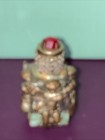 Vintage French Miniature Overlay Cherubs Glass Perfume Bottle Ruby Rhinestone