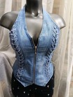 Chaps Women s Blue Denim Halter Corset Top Front Zip Lace-up Sides Size S