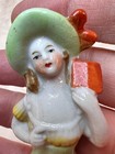 Vintage Porcelain Pin Cushion Doll Green Hat Half Doll Approx 2 h