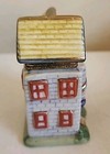 Vintage Porcelain House Trinket Box 3    Tall Hinged Blue   Gold Trim