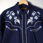 Vtg Tem Tex Western Shirt Mens Long Sleeve Embroidered Snap Button Navy Blue
