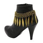 Women Pair Gold Metal Wrap Around Boot Chain Bracelet Shoe Anklet Leaf Charms
