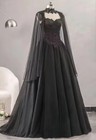 Black Wedding Dresses With Cape Lace Beaded Sleeveless Gothic A Line Bridal Gown