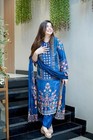 Women s Blue Cotton Suit Set   Floral Printed Kurta Pant Dupatta Set