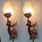 Antique Brass Mermaid Wall Sconce Lamp Art Deco Flame Glass Vintage Light Pair