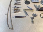 Vintage Junk Drawer Lot Knives  Police Whistle  Brothel Key Chain misc  tie Clip
