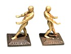 Pair Vintage Antique Gilt Metal Athletes Bookends Holders Old Decor Statue Old