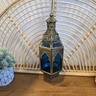 Vtg Blue Moroccan Brass Hanging Lantern Candle Holder Glass Boho Moorish 