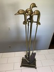 Vintage Brass Duck Head 5 Piece Fireplace Tool Set Brush  Poker  Tongs  Shovel