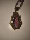 Vintage Art Deco Czech Purple Glass Filigree Pendant Necklace
