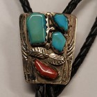 Vintage Zuni B n Nastacio Sterling Silver Turquoise   Coral Bolo Tie