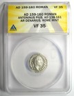 Antoninus Pius Ar Denarius Silver Roman Coin 159 Ad - Certified Anacs Vf35