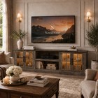 Farmhouse Tv Stand With Glass Cabinets  Wood Grain  Extra Wide Media Console