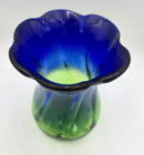 Blue Green Art Glass Vase Ruffled Rim Cobalt Uranium Style Fade Vtg