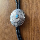 Bolo Tie  Sterling Silver  Navajo  Stamped Concho With Turquoise  6410