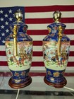 Pair Of Vintage Japanese Satsuma-style Cobalt Blue   Gold Samurai Warrior Lamps