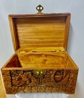 Vintage Large Asian Carved Wood Chest Jewelry Box Brass Hinges   Lock  11 5   w