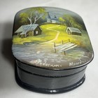Russian Fedoskino Lacquer Box Handpaint Church   Cabin Bridge Lake Scene Signed