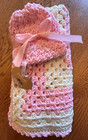 Pink   Soft White Farmhouse  Handmade Crochet Newborn  Blanket   Hat Set 