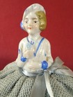 Vintage Porcelain Half Doll White Blue Pin Cushion Japan Nice 
