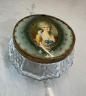 Vintage Glass Vanity Powder Jar Victorian Portrait Metal Top-green Round 3 5 