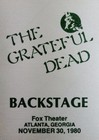 Grateful Dead Backstage Pass Fox Atlanta Georgia Ga 11 30 80 1980 Dave s Picks 8