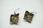 Vintage Pair Brass Metal Puffy Kitty Cat Kitten Dangle Drop Pierced Earrings