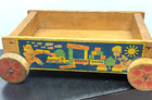 Antique Wooden Blocos Toy Block Wagon Primitive Paper Label Decor Pull String