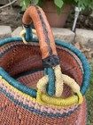 Bolga Pot Handwoven Multi-color Wicker Basket With Leather Handle