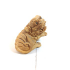 Vintage Japanese Hand Carved Wood Lion Netsuke Glass Or Obsidian Eyes Small