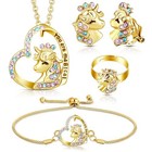 4 Pcs Girl Unicorn Axolotl Jewelry Set   Necklace Bracelet Gold Lovely Unicorn