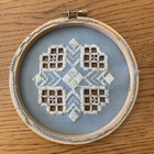 Hardanger Small Circular Hoop Norwegian Embroidery Cut Work White On Blue Heart