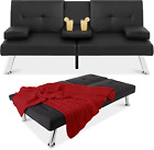 Faux Leather Convertible Folding Futon Sofa Bed Sturdy Metal Legs Cupholders New