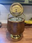 Lacquered Walnut Brass Ice Bucket Vintage Glass Lined 16    Tall Euc  8    Dm Rim 