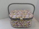 Vintage Sewing Box Basket Pastel Birds Fabric Covered Padded With Tray  12x9x6