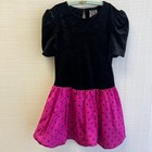 Vintage 90s Jazz Kids Girls Size 8 Black Velvet Hot Pink Polka Dot Party Dress L