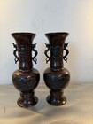 Pair Of Asian Bronzes Vases With Twin Handles In Drogon  Figure And Florale Moti