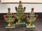 Vtg Swedish Wooden Folk Art Christmas Tree Candle Holders 3pc 9 5      7    Set