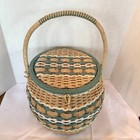 Vintage Large Round Wicker Woven Sewing Basket Box Blue Full Jc Penney W handle
