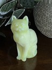 Mosser Glass Sitting Cat Uranium Custard Yellow White Green Figurine Glowing