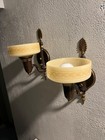 1930 Pair Art Deco Cast Iron Bronze Slip Shade Wall Mount Sconces Light Fixtures