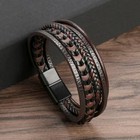 Men Jewelry Black Braided Leather Bracelet Multi-layer Stainless Steel Clasp A