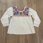 Authentic Mexican Embroidered Shirt Blouse Women   s Small Long Sleeves Lace Trim