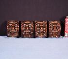 Set Of Four 4  Tall French Antique Highly Carved Faces In Solid Walnut Wood Trim