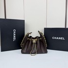 Women s Brown Quilted Leather Bucket Bag  Gold Chain Drawstring Shoulder Handbag